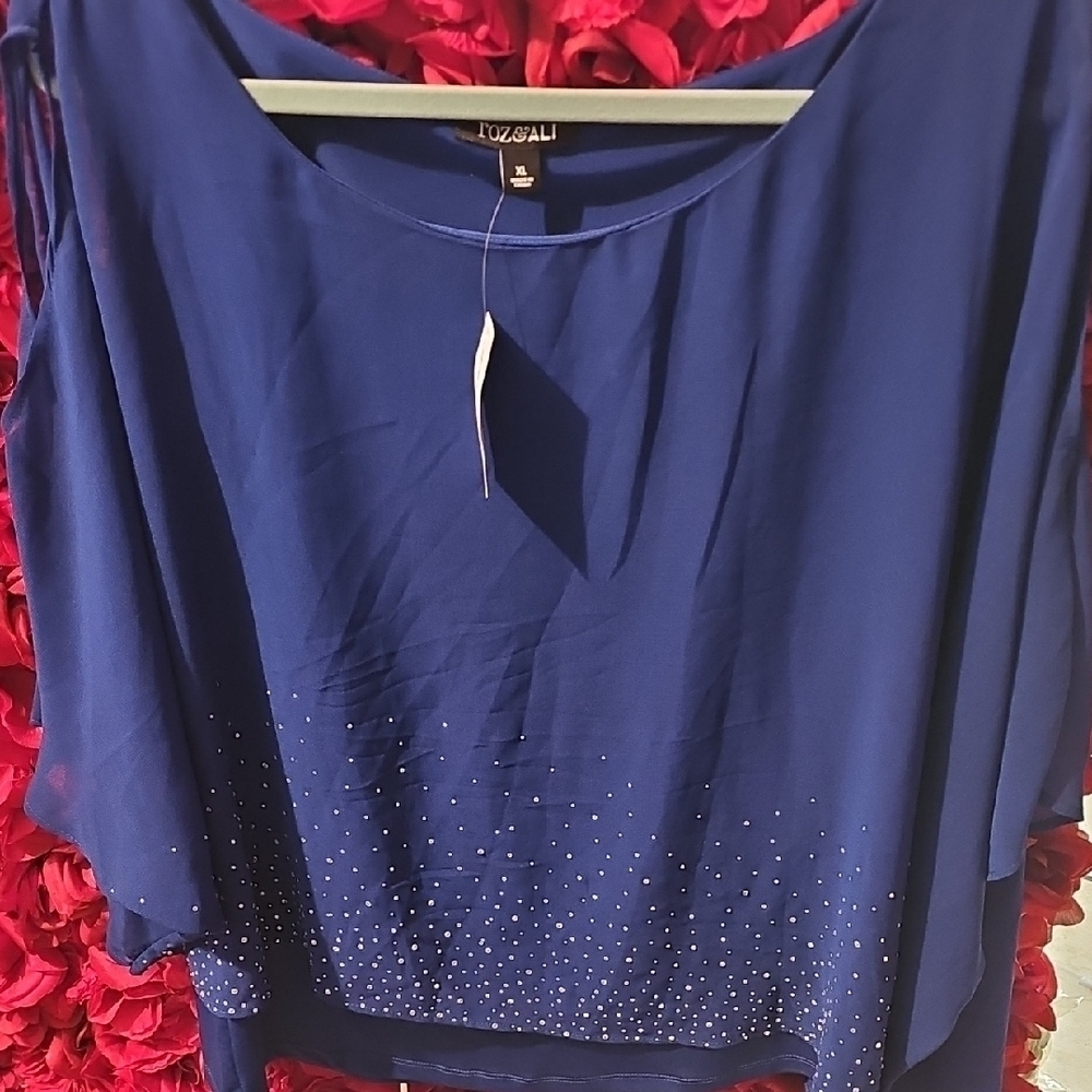 Roz & Ali NWT Women's Blue Top Rhinestone Sheer Asymetrical Blouse Size XLarge